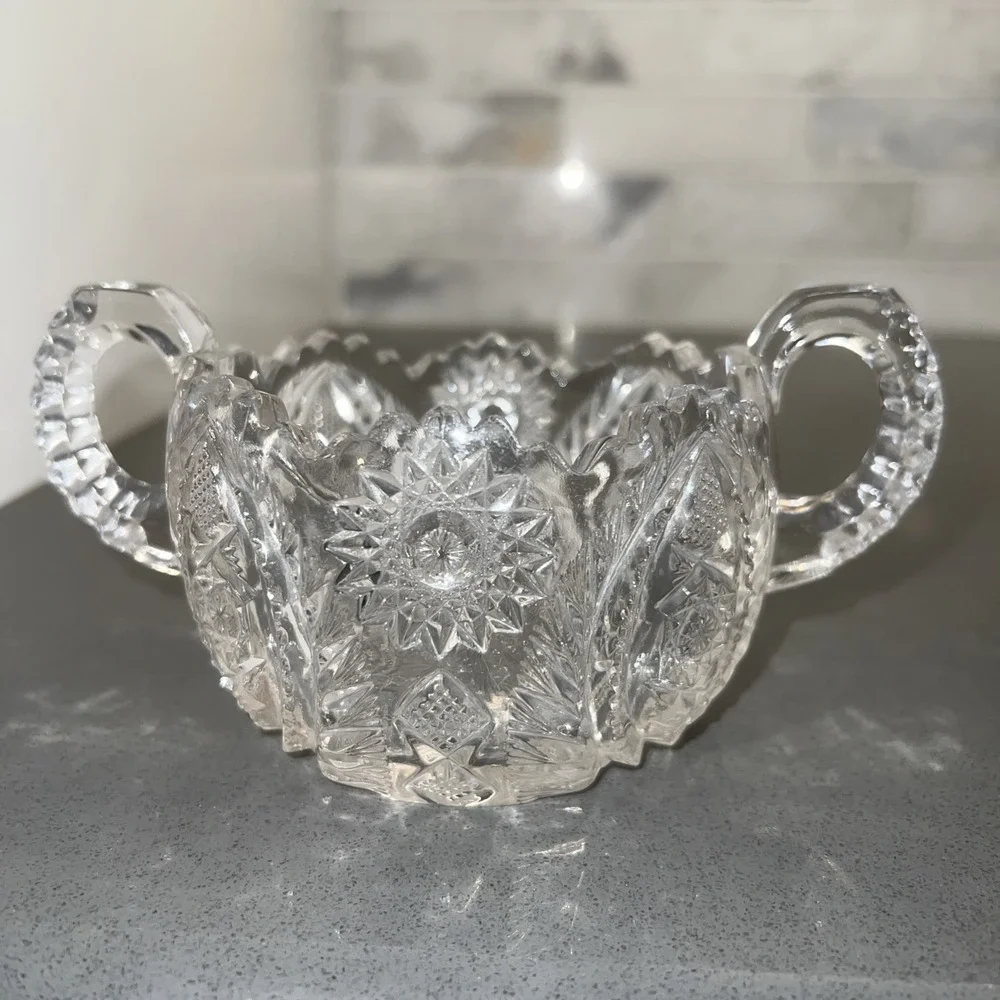 Vtg American Brilliant Period Cut Glass Sugar Bowl Double Handle Sawtooth